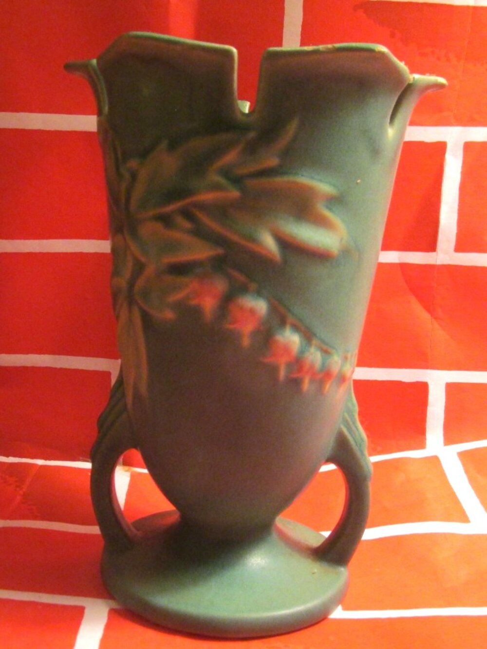 Roseville Green Floral Vase 964-6 Double Handle
